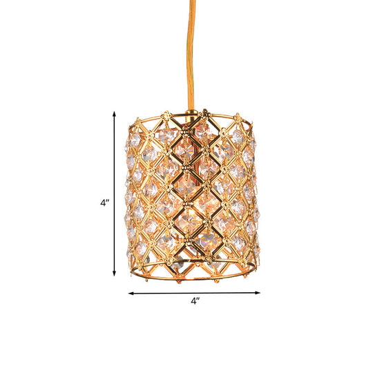 Gold Crystal Ceiling Pendant Light - Hand-Crafted Cylindrical Fixture With Straight Arm 1 Bulb