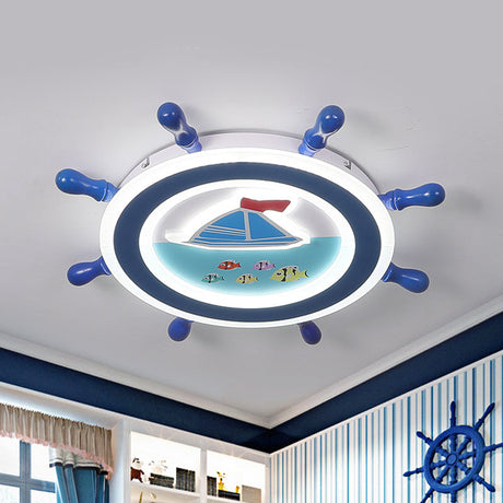 Sailboat Pattern Nautical Flush Mount Pendant Light - Blue And White Bedroom Ceiling Lighting