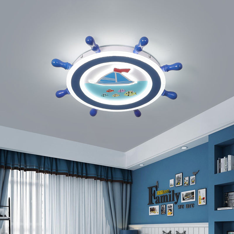 Sailboat Pattern Nautical Flush Mount Pendant Light - Blue And White Bedroom Ceiling Lighting