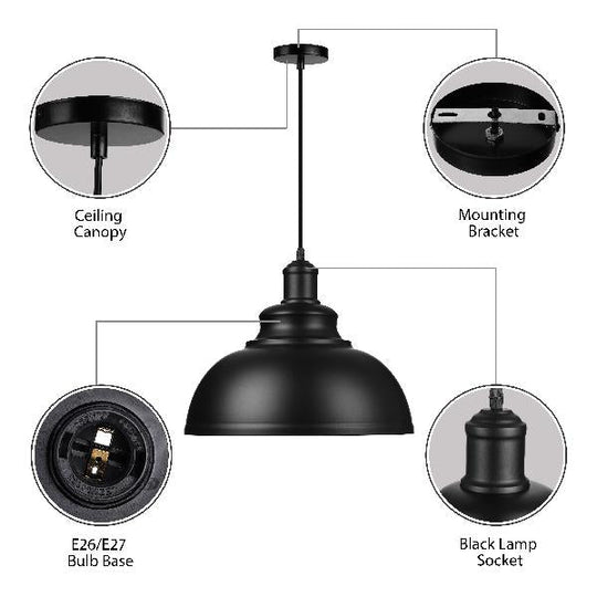 Retro Industrial Metal Ceiling Pendant With Black Finish Bowl Shade - Stylish Suspension Light For