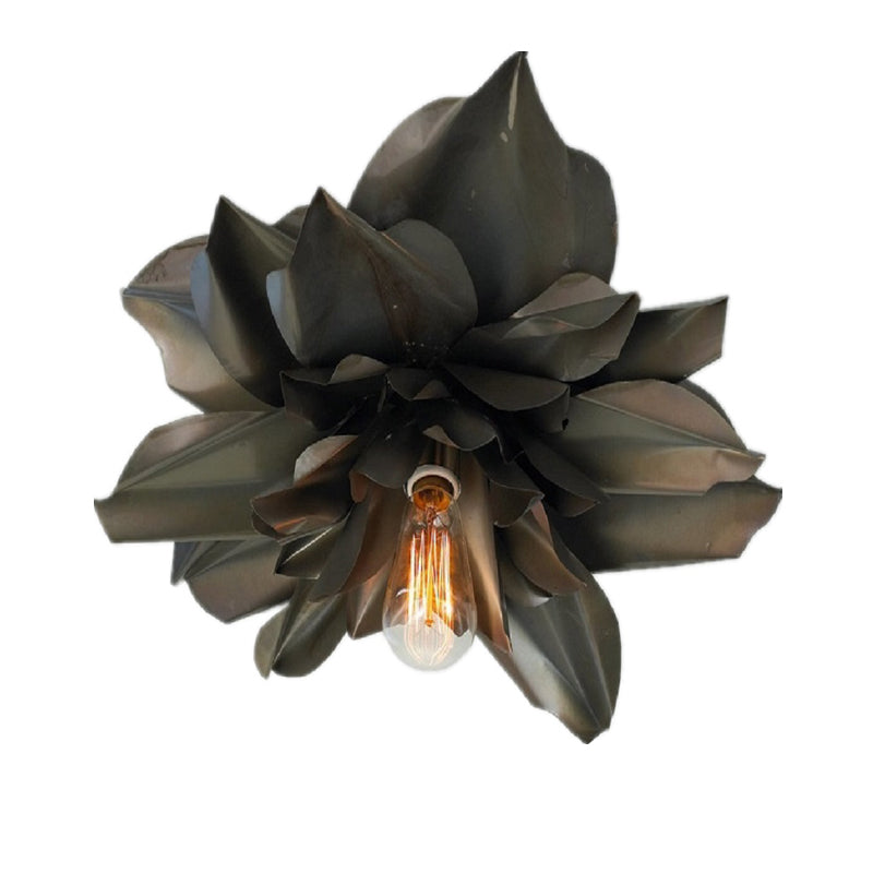 Black Magnolia Shape Flush Mount Ceiling Fixture - Rural Metallic Design 1 Head