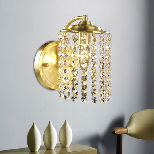 Rustic Crystal Bead Brass Wall Sconce With 1 Light Cylinder Mount Fixture