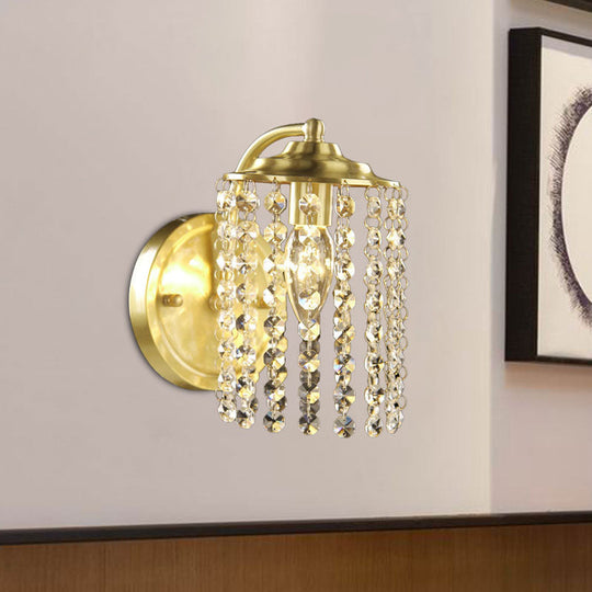 Rustic Crystal Bead Brass Wall Sconce With 1 Light Cylinder Mount Fixture