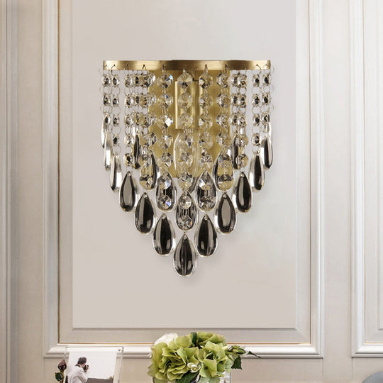 Crystal Raindrop Wall Sconce Light Fixture - Elegant Brass Cone Design For Living Room Lighting