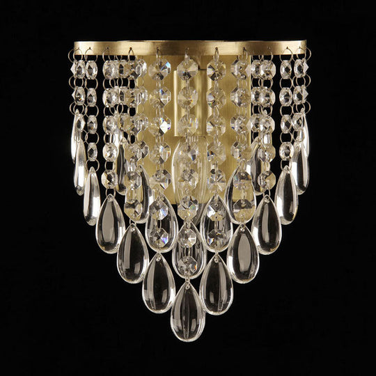 Crystal Raindrop Wall Sconce Light Fixture - Elegant Brass Cone Design For Living Room Lighting