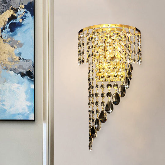 Countryside Gold Wall Sconce With Crystal Chain And Swirling 1-Head Design