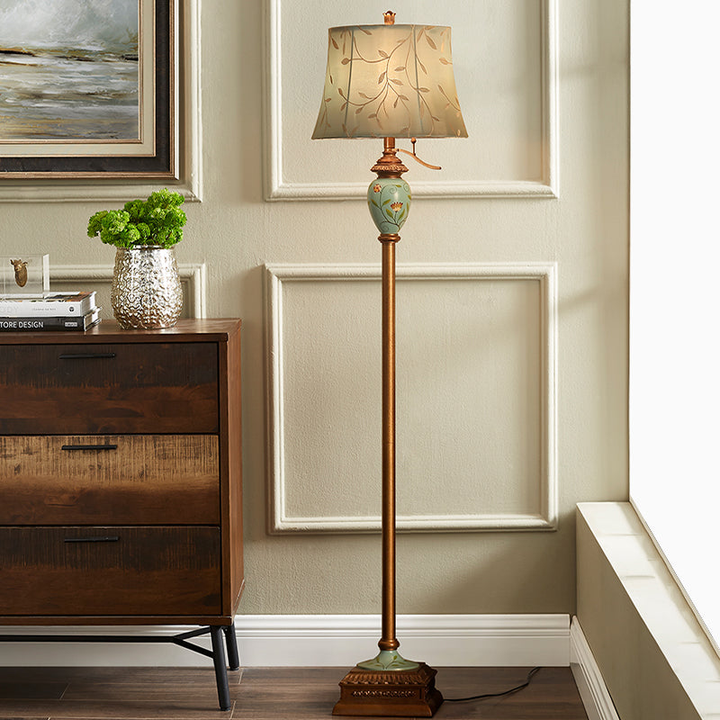 Blue Rustic Fabric Standing Lamp With Curved Vines Patterned Shade