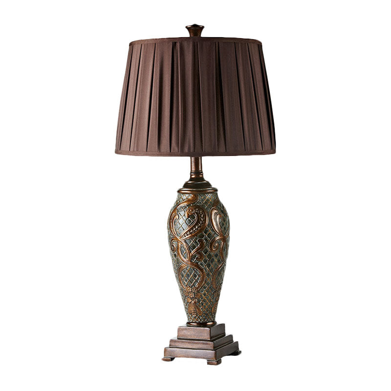 Silvia - Rustic Resin Coffee Table Stand Light Urn-Base 1 Head Night Lamp With Drum Pleated Fabric