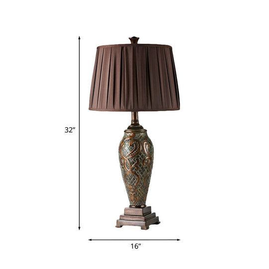 Silvia - Rustic Resin Coffee Table Stand Light Urn-Base 1 Head Night Lamp With Drum Pleated Fabric