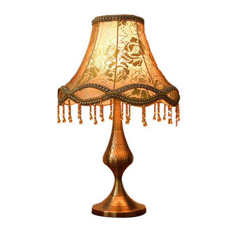 Vintage Brass Floral Print Nightstand Lamp With Flared Fabric Shade