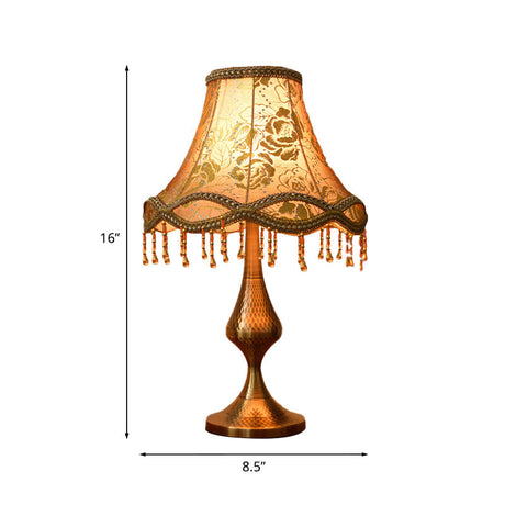 Vintage Brass Floral Print Nightstand Lamp With Flared Fabric Shade