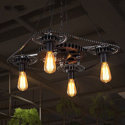 Industrial Style Bare Bulb Pendant Light With Black Finish And Gear Deco – 4 Heads Ceiling Fixture