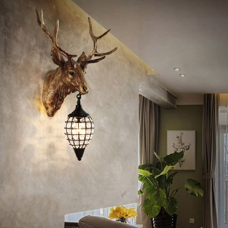Farmhouse Single-Bulb Deer Head Wall Lamp With Crystal Shade In Brown/Gold Resin Sconce Lighting