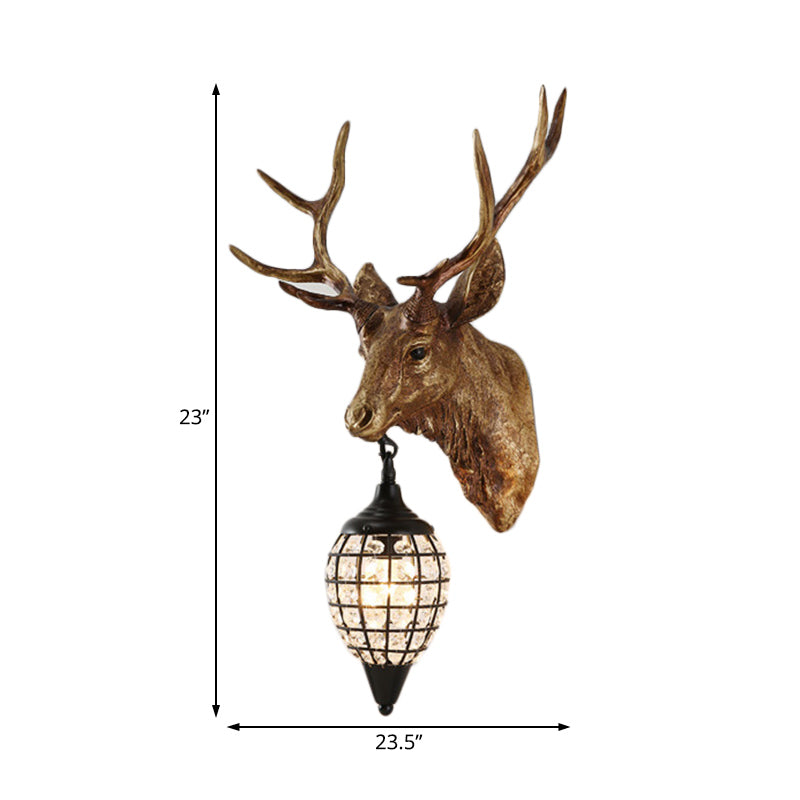 Farmhouse Single-Bulb Deer Head Wall Lamp With Crystal Shade In Brown/Gold Resin Sconce Lighting