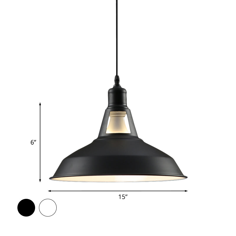 Barn Shade Hanging Lamp - 1 Light Metallic Pendant In Black/White 10.5/12/15 Inch Wide Perfect For