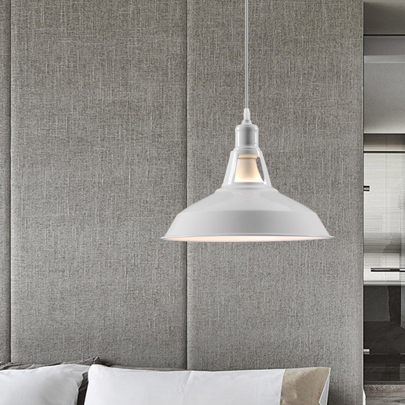Barn Shade Hanging Lamp - 1 Light Metallic Pendant In Black/White 10.5/12/15 Inch Wide Perfect For
