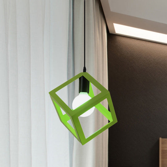 Loft Style 1-Light Hanging Lamp With Cubic Metal Cage Shade - Red/Blue/Green Pendant For Dining Room