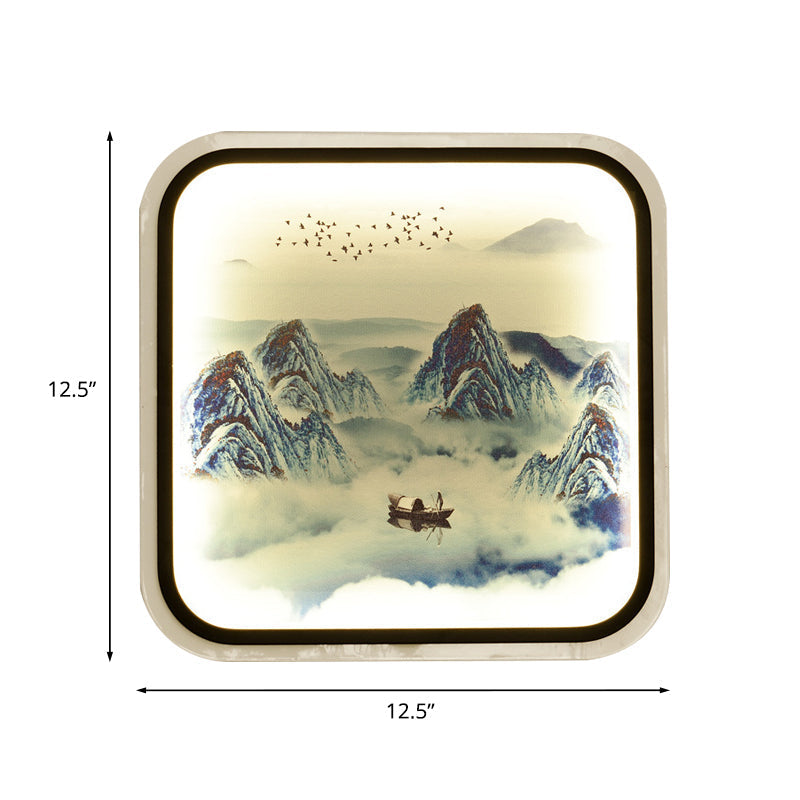 Chinese Style Mountain Patterned Square Mural Lamp With Led Flush Mount For Living Room In Grey/Blue