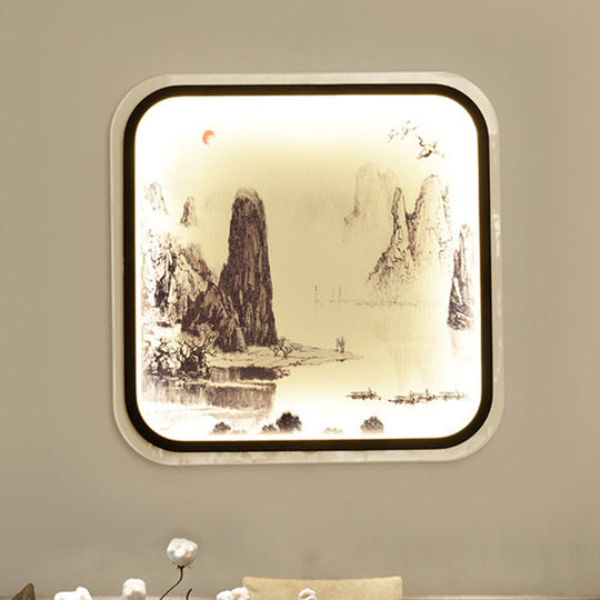 Chinese Style Mountain Patterned Square Mural Lamp With Led Flush Mount For Living Room In Grey/Blue