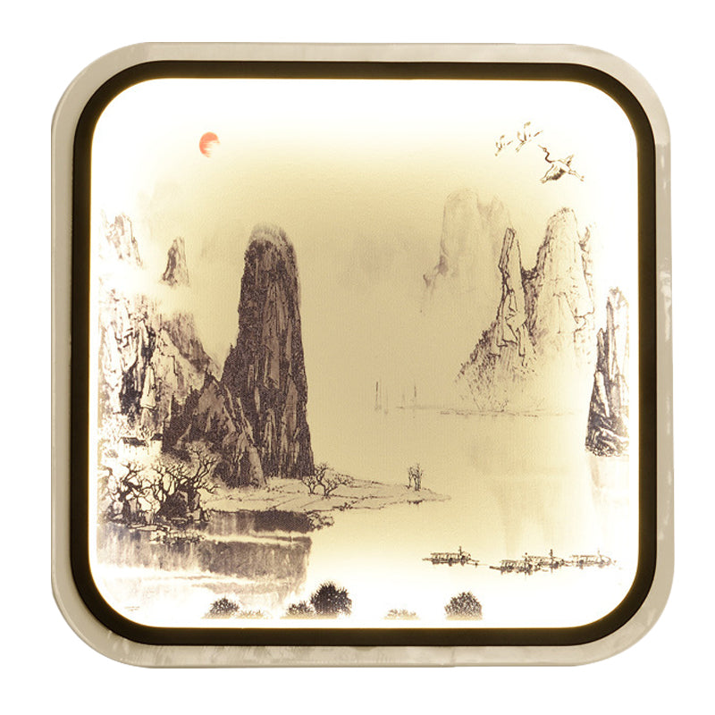 Chinese Style Mountain Patterned Square Mural Lamp With Led Flush Mount For Living Room In Grey/Blue