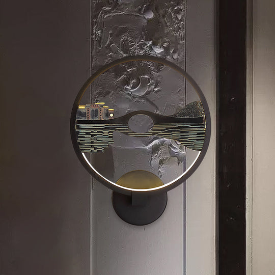 Asian-Inspired Lake Reflection Resin Led Wall Light Sconce For Guest Room