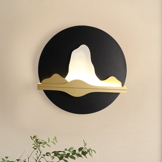 Black And Gold Asian Led Wall Sconce With Mountain River Mural Light Black-Gold