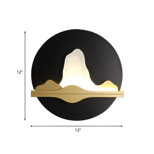 Black And Gold Asian Led Wall Sconce With Mountain River Mural Light