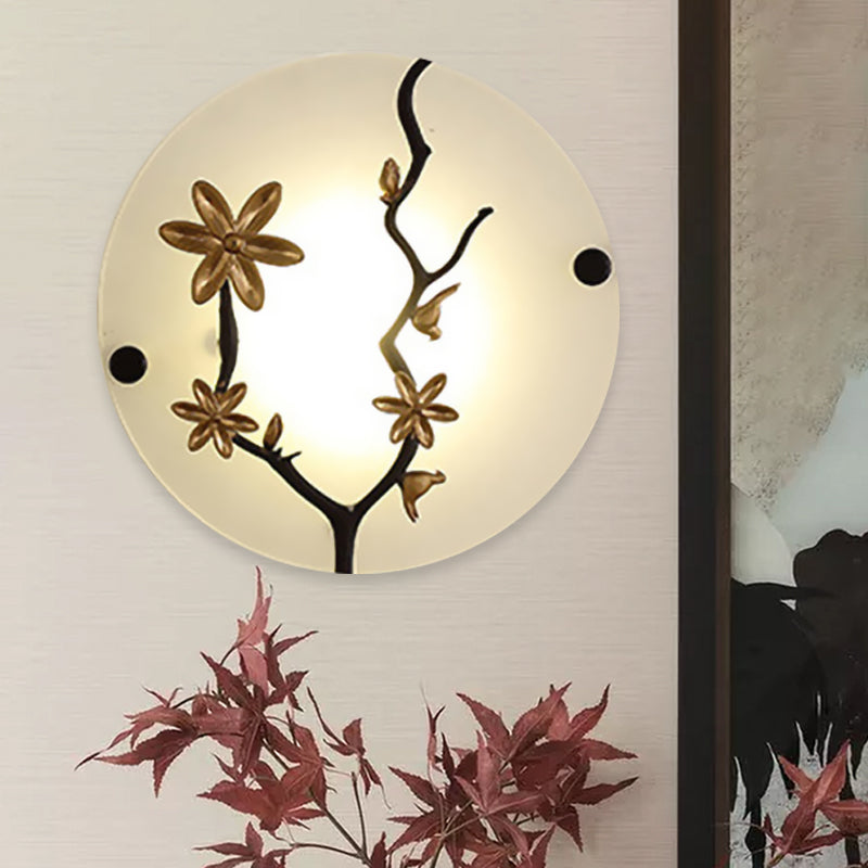 Opal Frosted Glass Led Wall Lamp In Gold - Flower Branch Bedside Mural Asia-Inspired Mounted Light