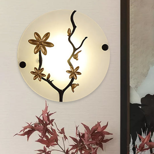 Opal Frosted Glass Led Wall Lamp In Gold - Flower Branch Bedside Mural Asia-Inspired Mounted Light