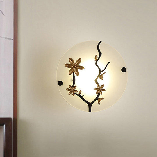 Opal Frosted Glass Led Wall Lamp In Gold - Flower Branch Bedside Mural Asia-Inspired Mounted Light