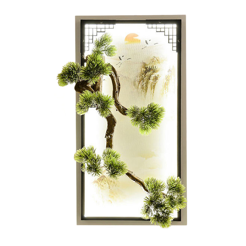 Chinese Landscape Pine Tree Iron Mural Sconce Light With Led Flush Mount - Green Decor