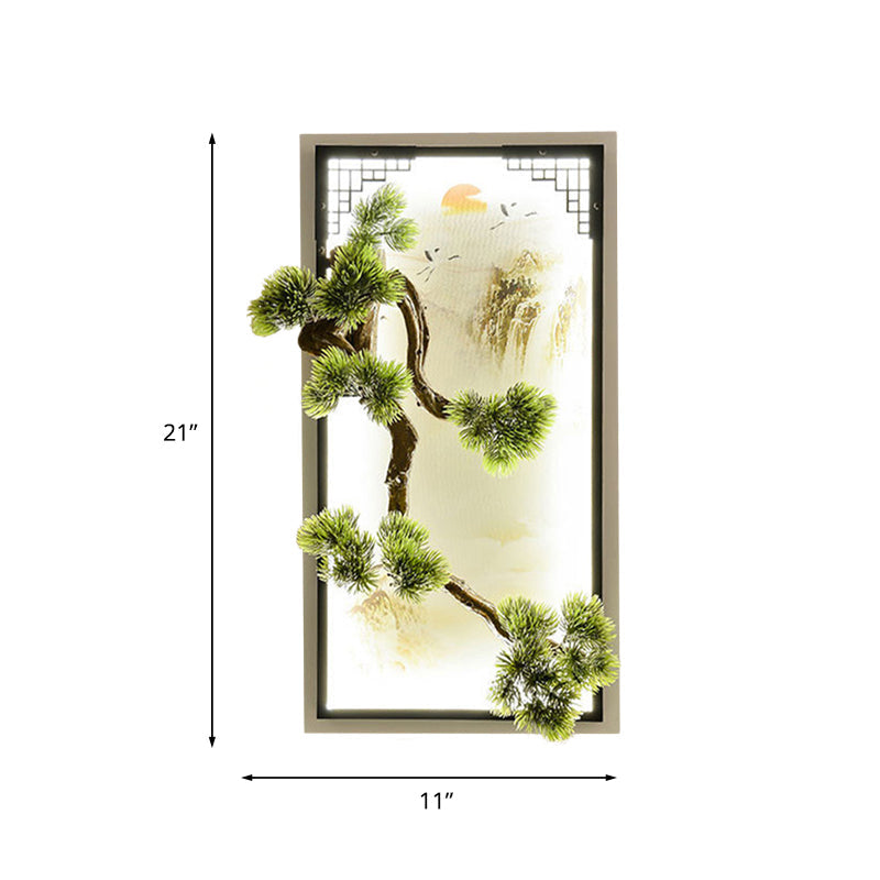 Chinese Landscape Pine Tree Iron Mural Sconce Light With Led Flush Mount - Green Decor
