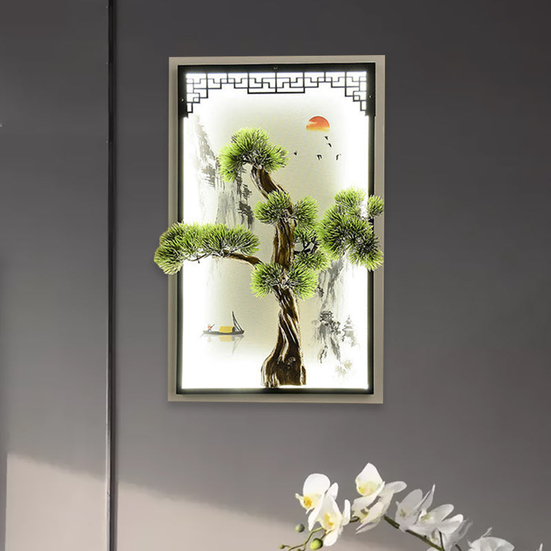 Chinese Landscape Pine Tree Iron Mural Sconce Light With Led Flush Mount - Green Decor
