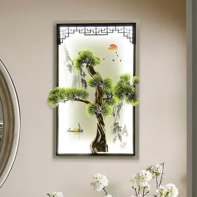 Chinese Landscape Pine Tree Iron Mural Sconce Light With Led Flush Mount - Green Decor