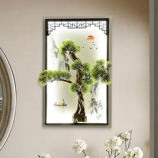 Chinese Landscape Pine Tree Iron Mural Sconce Light With Led Flush Mount - Green Decor