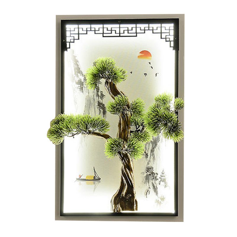 Chinese Landscape Pine Tree Iron Mural Sconce Light With Led Flush Mount - Green Decor