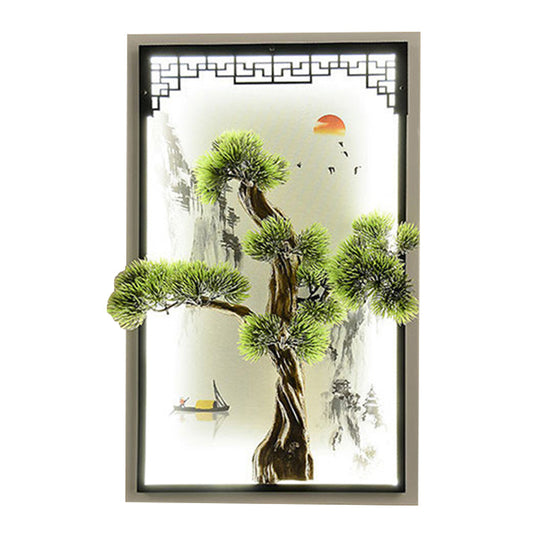 Chinese Landscape Pine Tree Iron Mural Sconce Light With Led Flush Mount - Green Decor