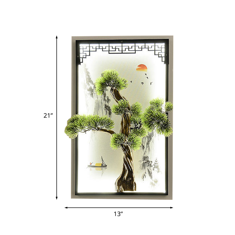 Chinese Landscape Pine Tree Iron Mural Sconce Light With Led Flush Mount - Green Decor