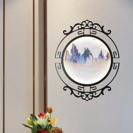 Elk And Mountain Study Room Mural Lamp: Metal Asian Wall Light With Led Scroll Frame Black