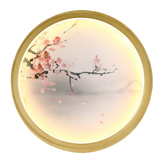 Hand-Painted Floral Mural Led Wall Sconce With Chinese Fabric Gold Frame - Perfect For Living Rooms
