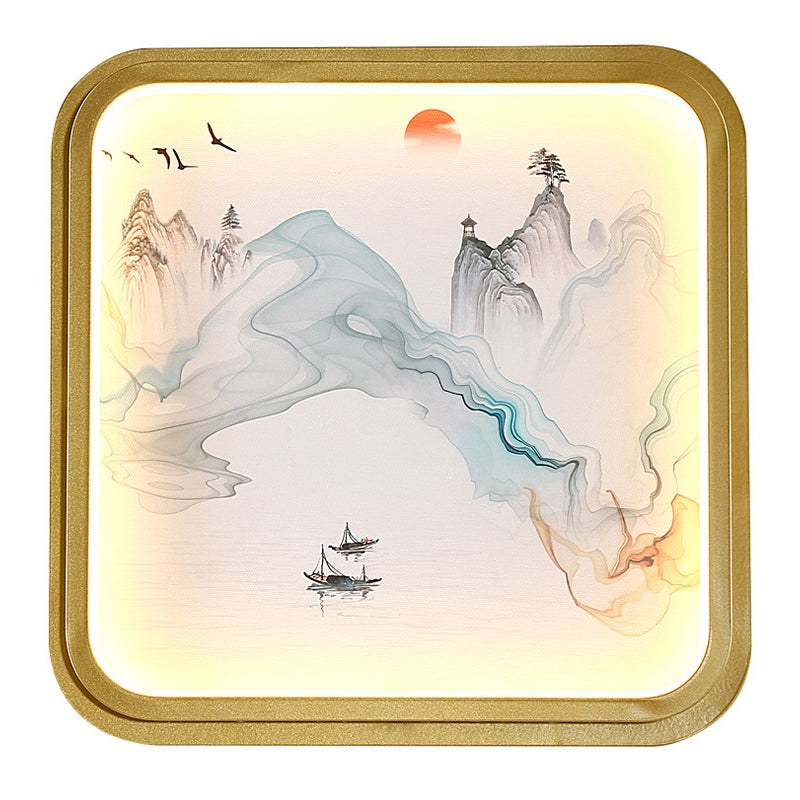 Hand-Painted Floral Mural Led Wall Sconce With Chinese Fabric Gold Frame - Perfect For Living Rooms