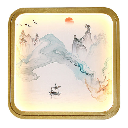 Hand-Painted Floral Mural Led Wall Sconce With Chinese Fabric Gold Frame - Perfect For Living Rooms