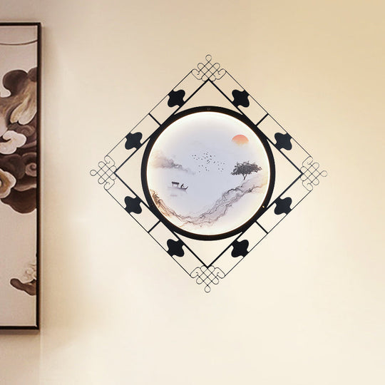 Led Wall Lights For Living Room With Black Chinese Mount And Rhombus Frame