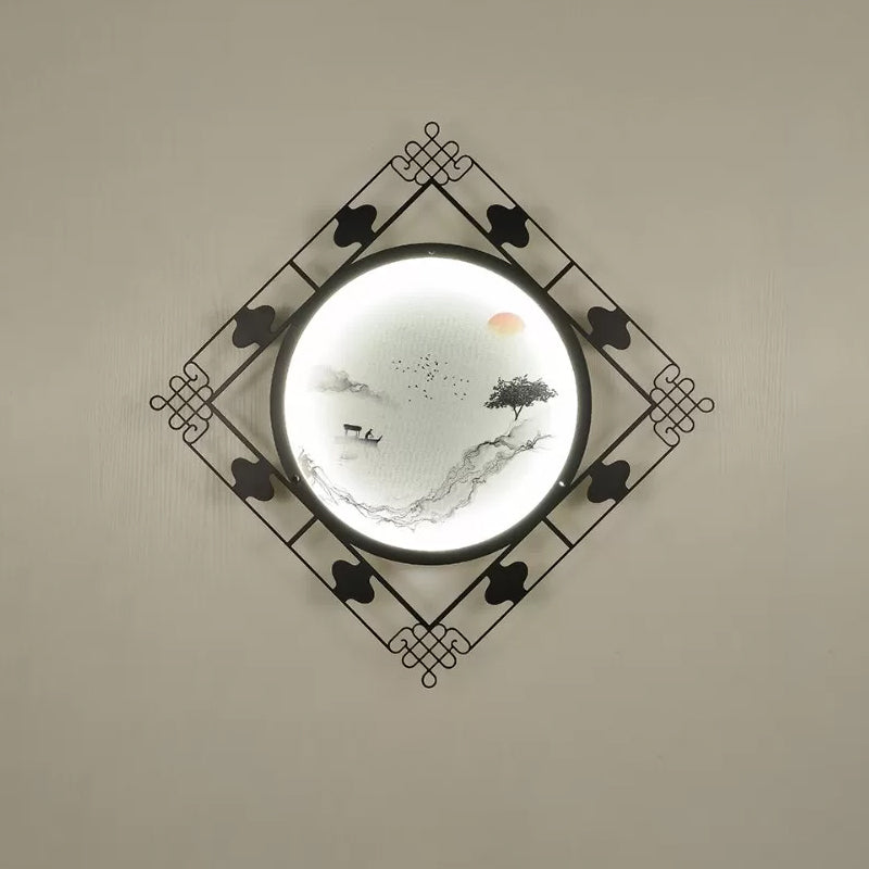 Led Wall Lights For Living Room With Black Chinese Mount And Rhombus Frame