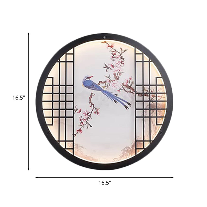 Ultrathin Chinese Led Bedroom Wall Art - Round Bird And Flower Branch Design In Black