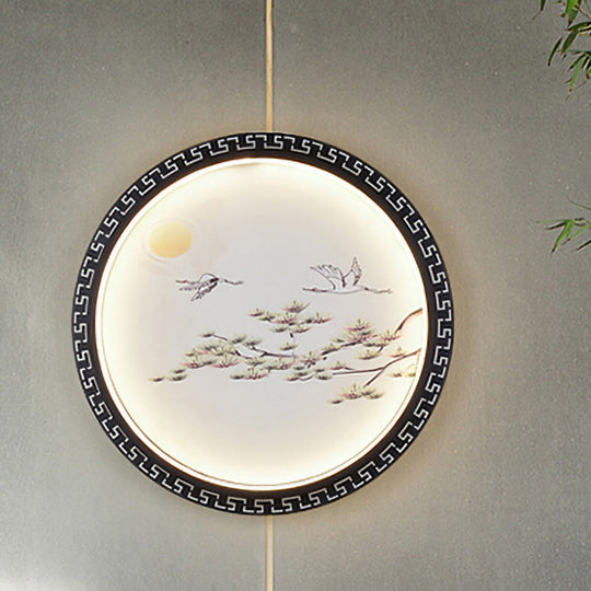 Black Bird And Tree Branch Led Wall Mount Light Fixture - Asian Style With Fabric Shade