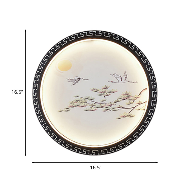 Black Bird And Tree Branch Led Wall Mount Light Fixture - Asian Style With Fabric Shade