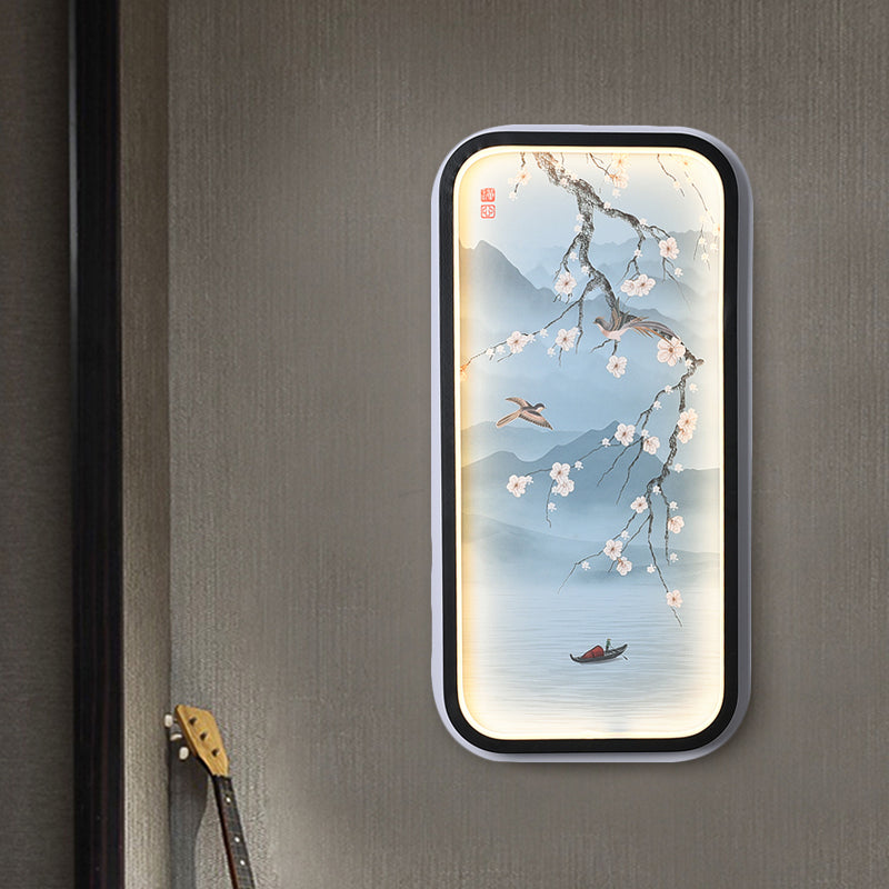 Plum Blossom Led Wall Sconce Lighting In Blue: Asian-Inspired Light Fabric For Living Room Mural