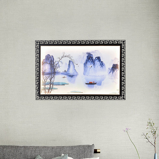 Led Fabric Wall Lamp With Dark Blue Mountain Scene Mural For Family Room