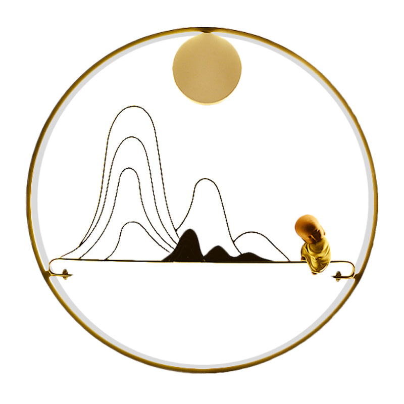 Chinese Style Fabric Gold Led Sconce Light - Mountain And Monk Mural Wall Lamp